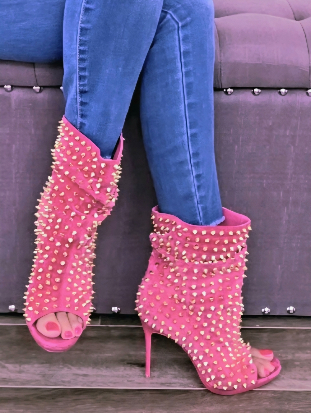 CHRISTIAN LOUBOUTIN Guerilla Pink Suede Gold Spiked Ankle Boots EU 38.5 7.5-8.5 - Picture 4 of 14